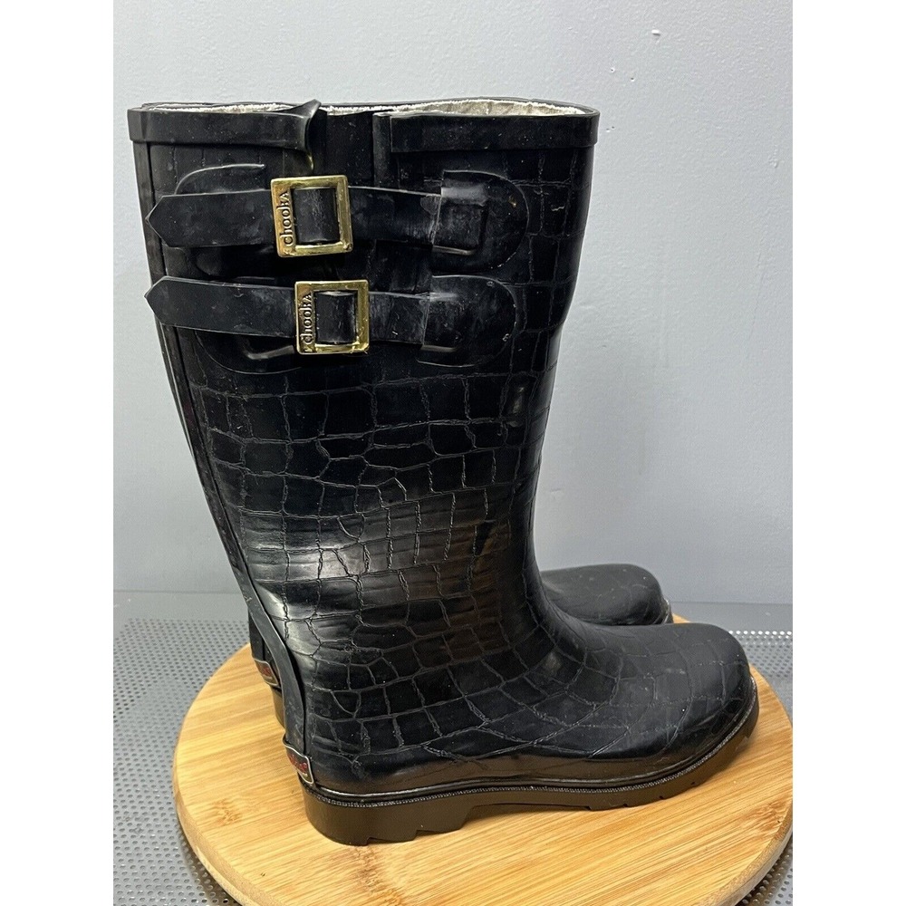 Chooka Rain Boots Womens 7 Black Crocodilia Crocodile Emboss Buckle Tall Rubber